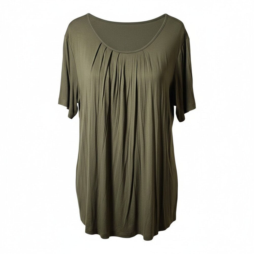 Olive Green Tunic Top XXL NWT Pleated Front Flowy Short Sleeve Minimalist Blouse